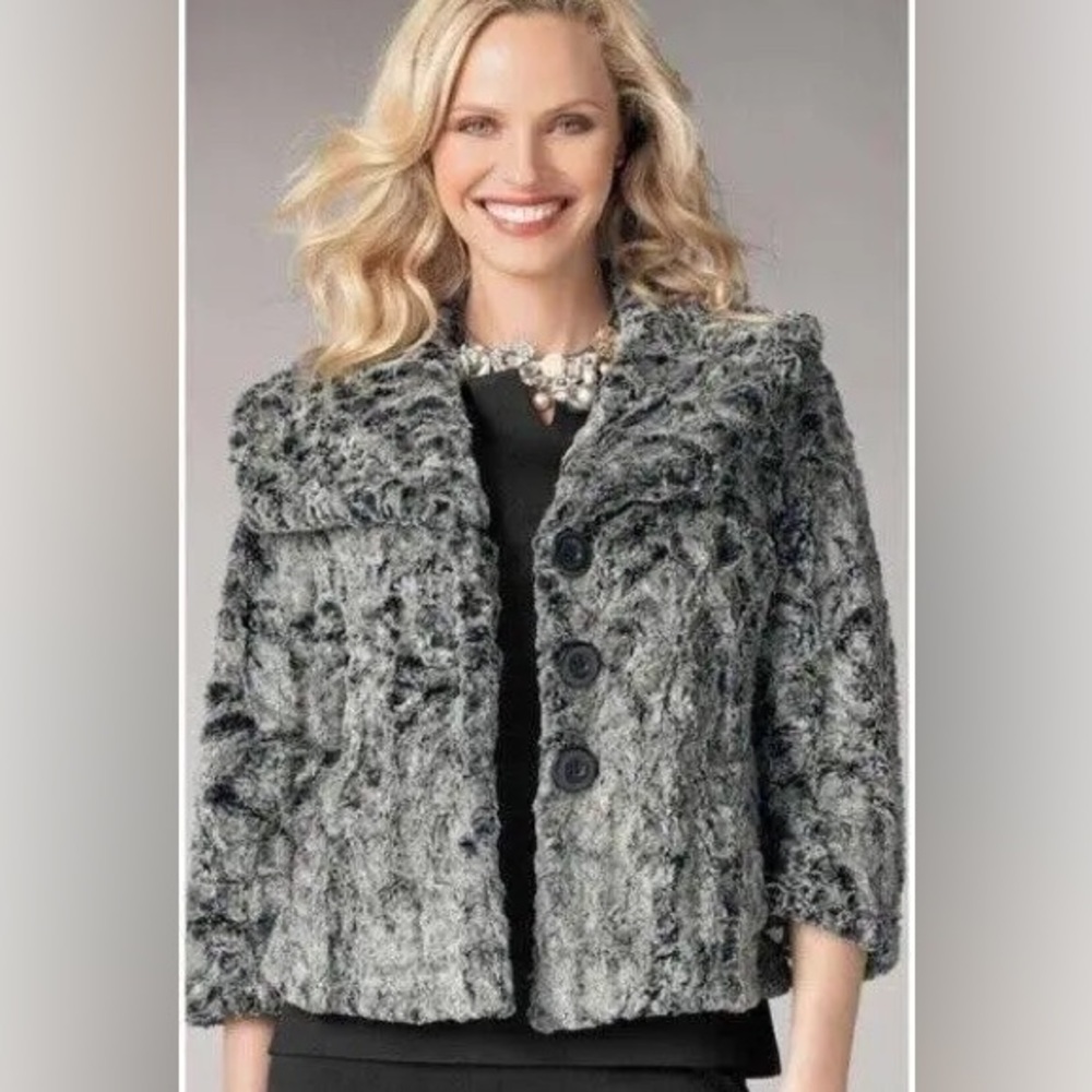 CAbi Chinchilla Faux Fur Slightly Cropped Jacket, Gray, Size Small.